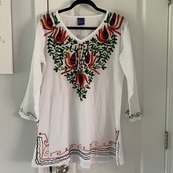 Shoe‎ Shack Beach Cover embroidered size L white multicolored beach vocation - Picture 1 of 13